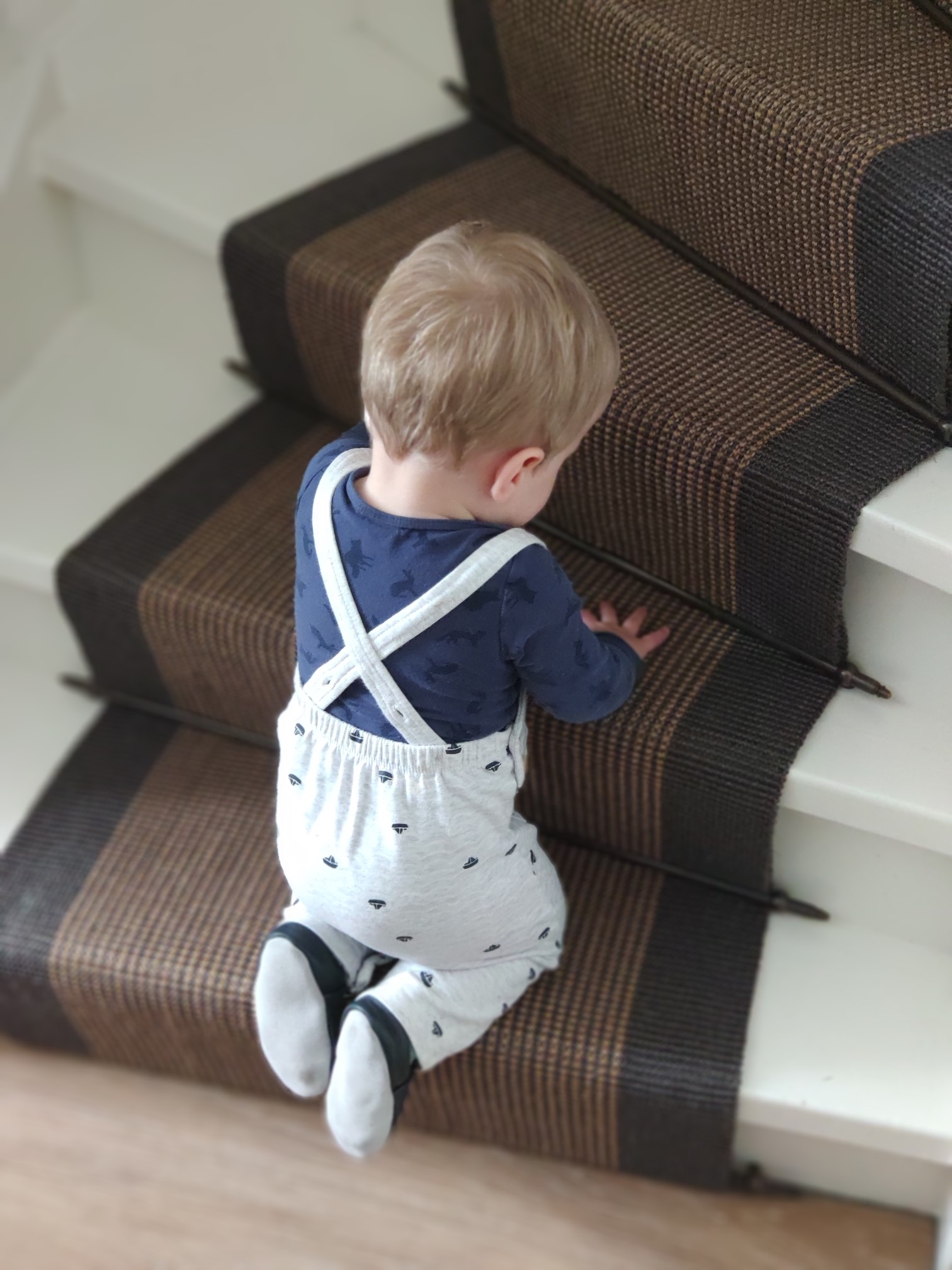 One year old child climbs stairs. Photo by Iris Eekhout